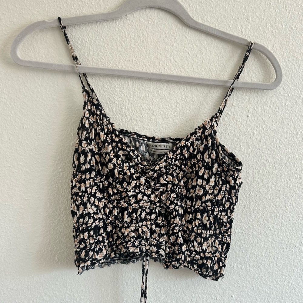 Urban Outfitters Black Floral Smocked Crop Tank Top